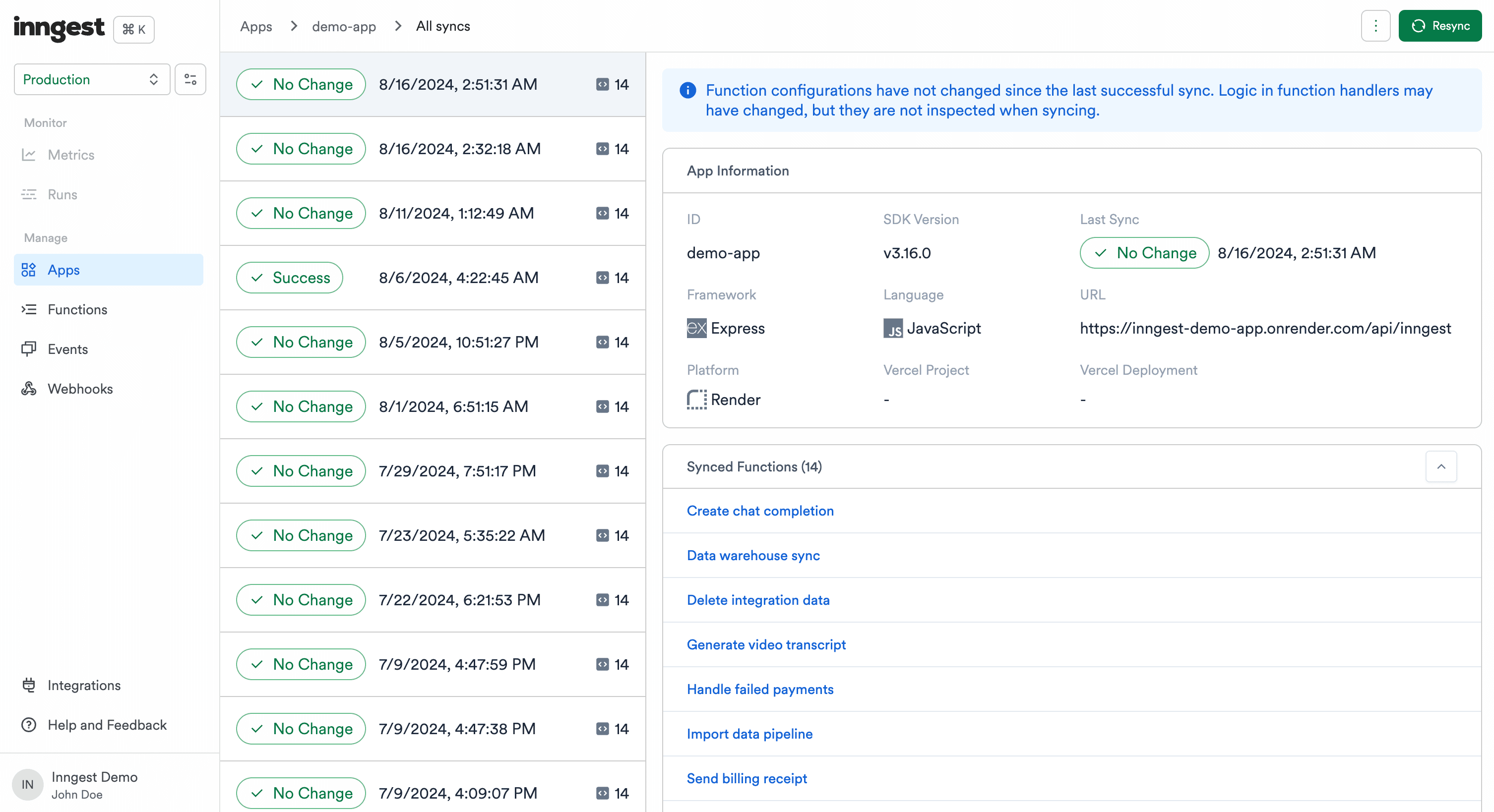 The list of an App Syncs provide helpful information to navigate through recent deployments and their associated Functions changes.